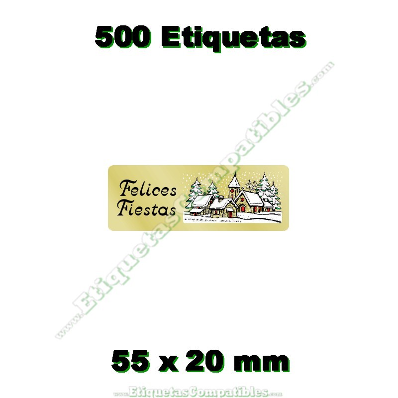 Rollo 500 Etiquetas "Felices Fiestas" Oro Casas