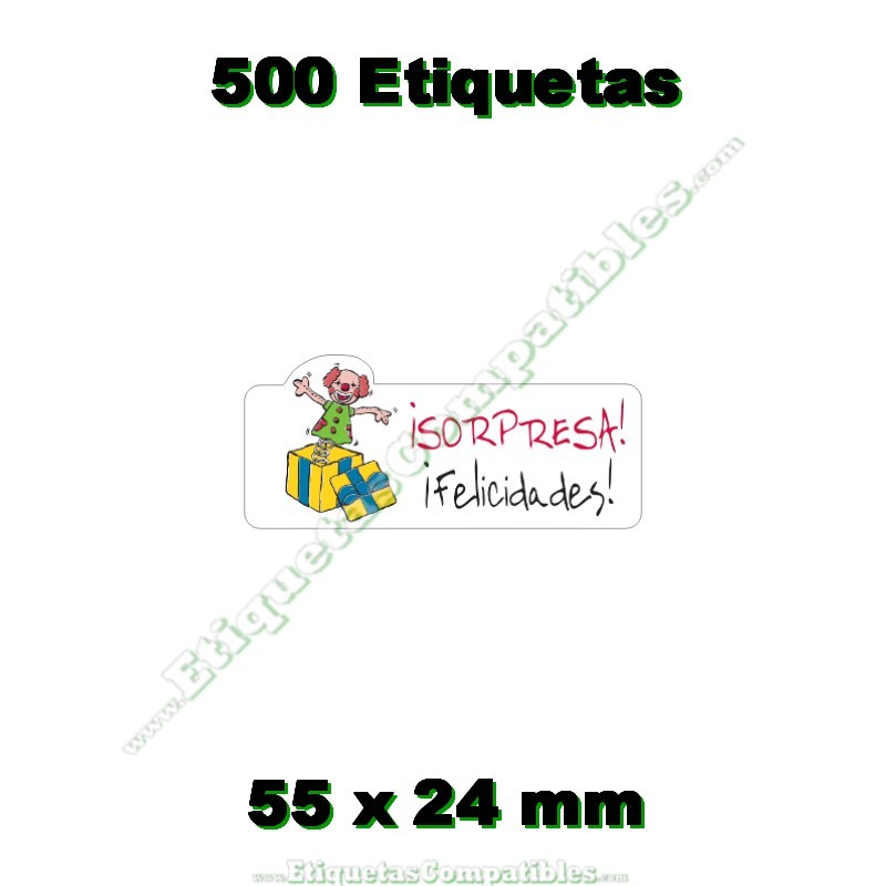 Rollo 500 Etiquetas "Sorpresa Felicidades" Payasito