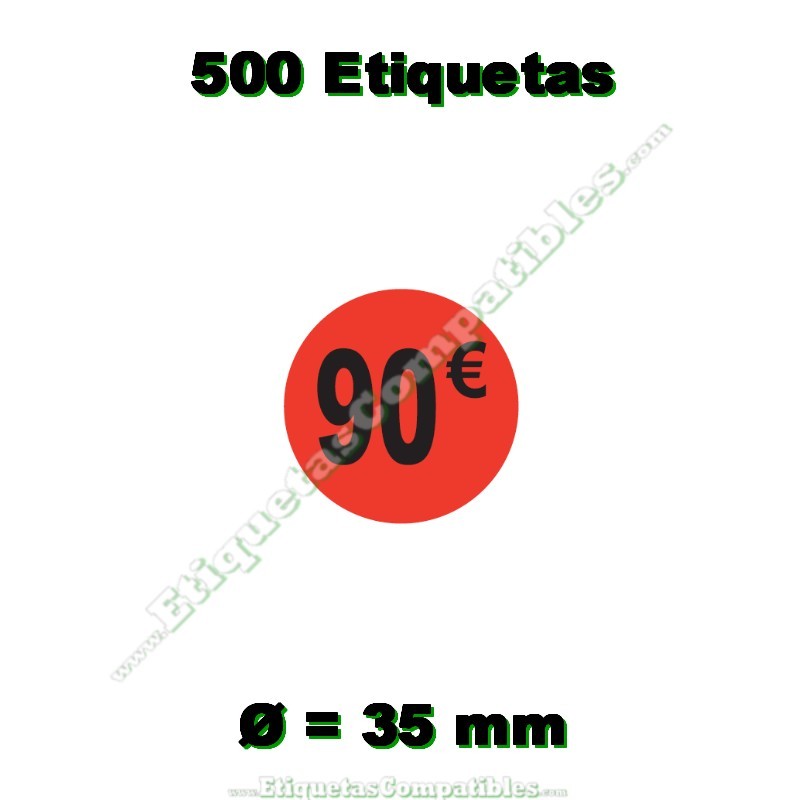 Rollo 500 Etiquetas "90 €" Rojo Flúor