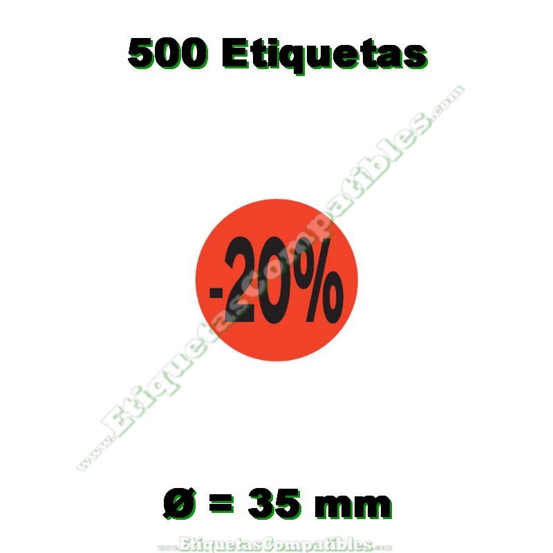 Rollo 500 Etiquetas "-20%" Rojo Flúor